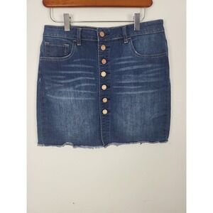 Indigo Reign Mini Skirt 5 Womens Juniors Button Up Dark Wash Raw Hem Bottoms